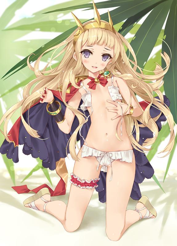 1girl bangs bikini blonde_hair blunt_bangs blush bow bracelet cagliostro_(granblue_fantasy) cape commentary_request crown flat_chest granblue_fantasy hairband jewelry kneeling long_hair looking_at_viewer navel open_bikini open_clothes open_mouth sandals smile solo swimsuit thigh_strap tsurusaki_takahiro violet_eyes white_bikini white_swimsuit