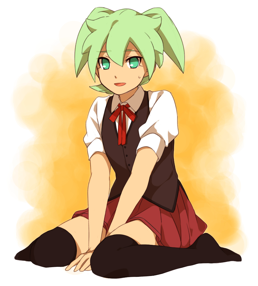 1boy black_legwear crossdressinging fei_rune green_eyes green_hair inazuma_eleven_(series) inazuma_eleven_go inazuma_eleven_go_chrono_stone looking_at_viewer male_focus no_pupils no_shoes sekina short_hair sitting skirt smile solo thigh-highs wariza