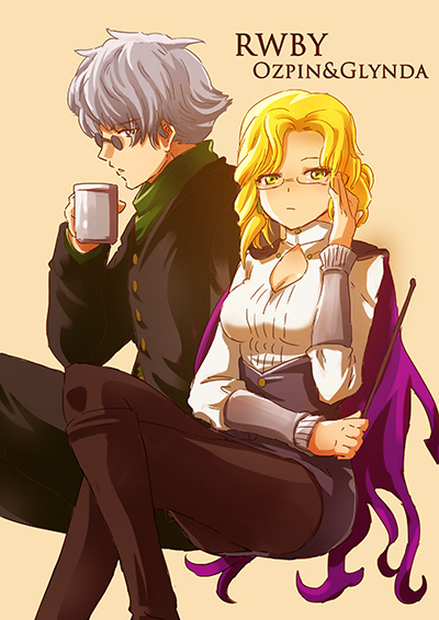 1boy 1girl black_coat black_pants blonde_hair breasts cape character_name cleavage cleavage_cutout coat coffee_mug copyright_name crossed_legs glasses glynda_goodwitch green_eyes green_scarf grey_hair high_collar moai_(moai_world) pants professor_ozpin purple_cape riding_crop rwby scarf white_blouse yellow_background