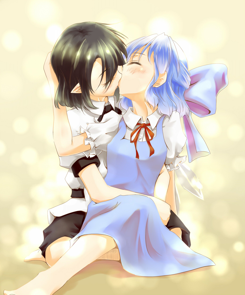 2girls barefoot black_hair blue_dress blue_hair blush bow cirno closed_eyes collared_shirt dress hair_bow hand_in_another's_hair highres hug hug_from_behind ice ice_wings kiss legs light_particles multiple_girls pointy_ears ribbon shameimaru_aya shiny shiny_hair shirt short_hair sidelocks sitting sitting_on_lap sitting_on_person small_breasts touhou white_shirt wings yrjxp065 yuri