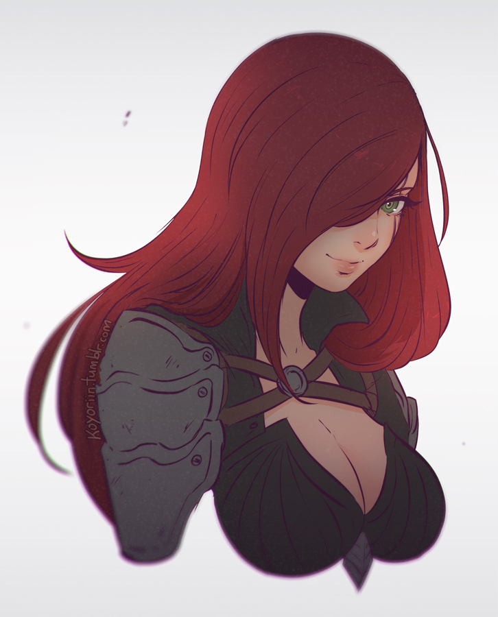 armor artist_name breasts cleavage clockwork-cadaver collarbone grey_background hair_over_one_eye katarina_du_couteau league_of_legends lips long_hair looking_at_viewer redhead scar scar_across_eye shoulder_pads simple_background upper_body watermark web_address