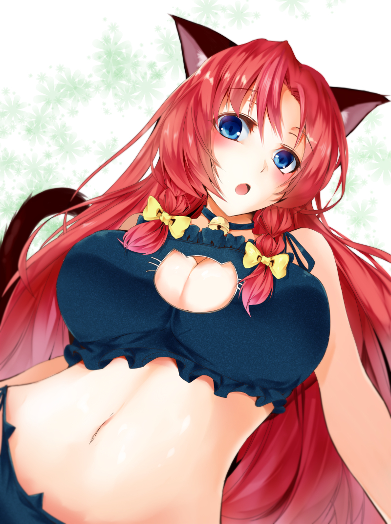 1girl animal_ears bed_sheet blue_eyes blush braid breasts cat_cutout cat_ears cat_lingerie cat_tail cleavage cleavage_cutout hair_ribbon hong_meiling long_hair lying navel on_back open_mouth redhead ribbon ryuushou solo tail touhou twin_braids
