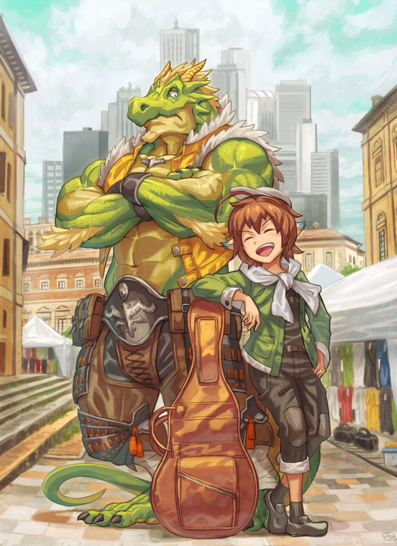 :d abs artist_request building closed_eyes clouds crossed_arms dragon_boy guitar_case hat instrument_case navel open_mouth pointy_ears road skyscraper smile street