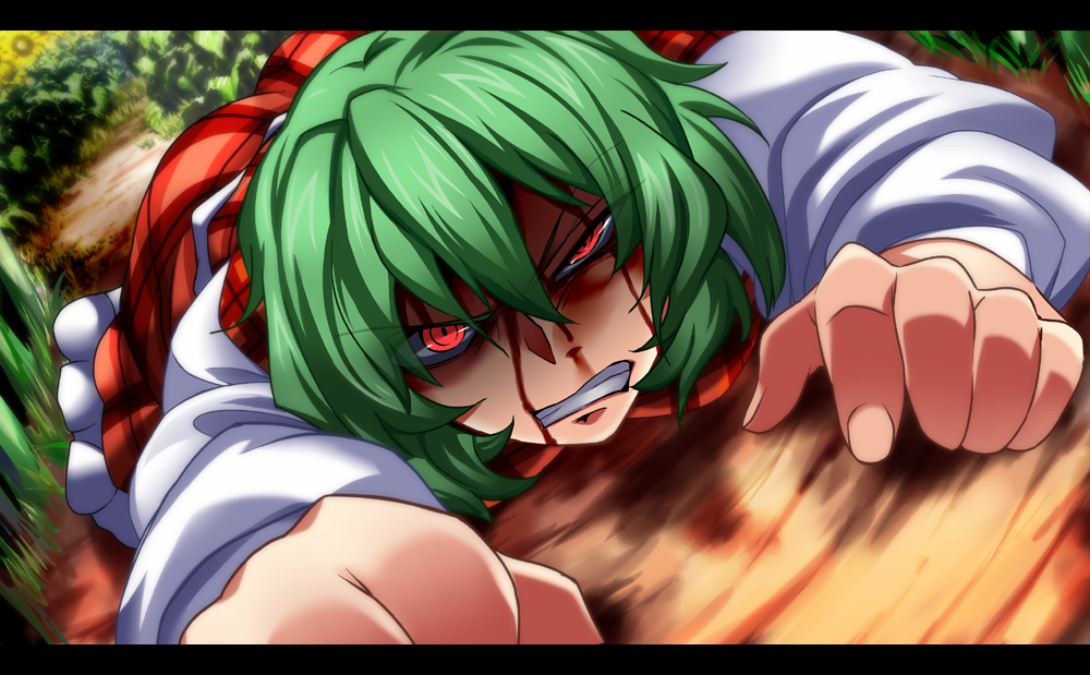 1girl angry blood blood_on_face clenched_teeth dutch_angle flower green_hair kazami_yuuka letterboxed long_sleeves looking_at_viewer lying on_ground on_stomach plaid plaid_skirt plaid_vest red_eyes shirt short_hair skirt skirt_set teeth touhou vest yagami_(mukage)