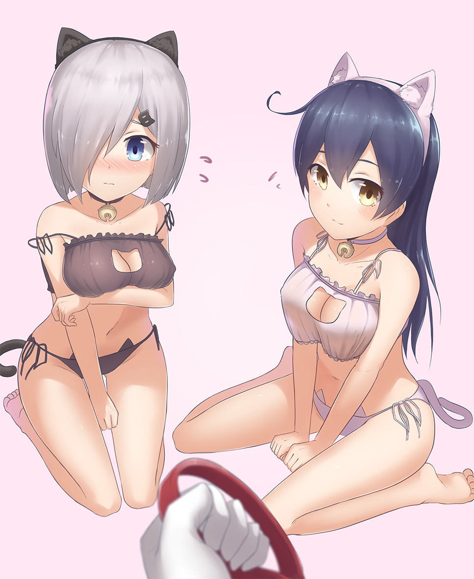2girls ahoge alternate_costume animal_ears bangs bare_shoulders barefoot bell bell_choker between_legs black_panties blue_eyes blue_hair blurry breast_hold breasts bu_li cat_cutout cat_ear_panties cat_ears cat_hair_ornament cat_lingerie cat_tail choker cleavage_cutout collar collarbone covered_nipples crop_top crop_top_overhang depth_of_field eyelashes fake_animal_ears flying_sweatdrops frills from_above gloves gradient gradient_background grey_hair hair_ornament hair_over_one_eye hairband hamakaze_(kantai_collection) hand_between_legs hands jingle_bell kantai_collection large_breasts long_hair looking_at_viewer multiple_girls navel out_of_frame panties pink_background side-tie_panties sitting soles stomach strap_slip tail underwear underwear_only ushio_(kantai_collection) wariza white_gloves white_panties yellow_eyes