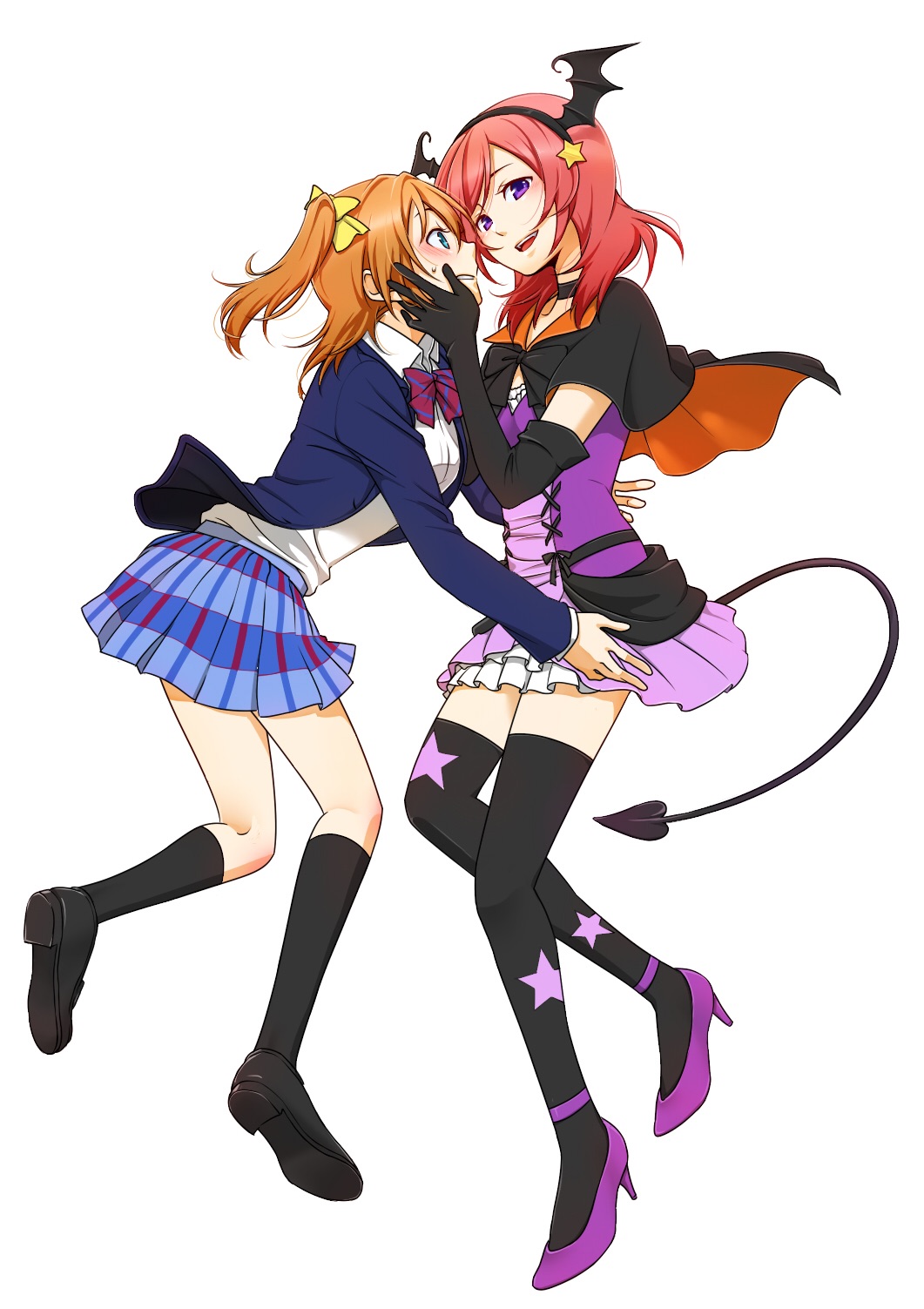 2girls black_gloves blazer blue_eyes cape dancing_stars_on_me! demon_tail elbow_gloves full_body gloves hand_on_another's_face high_heels highres kneehighs kousaka_honoka looking_at_another looking_at_viewer love_live!_school_idol_project miso-ha_(ukyuu) multiple_girls nishikino_maki open_mouth orange_hair pleated_skirt redhead school_uniform shoes side_ponytail simple_background skirt smile tagme tail thigh-highs violet_eyes white_background yuri zettai_ryouiki