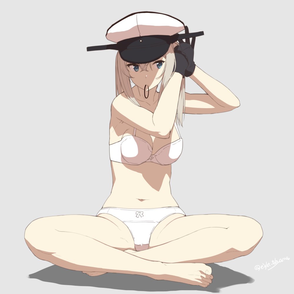 1girl adjusting_hair black_gloves bow bow_panties bra breasts eight_tohyama gloves graf_zeppelin_(kantai_collection) hat kantai_collection mouth_hold panties peaked_cap simple_background sitting solo twintails twitter_username underwear underwear_only white_bra white_panties