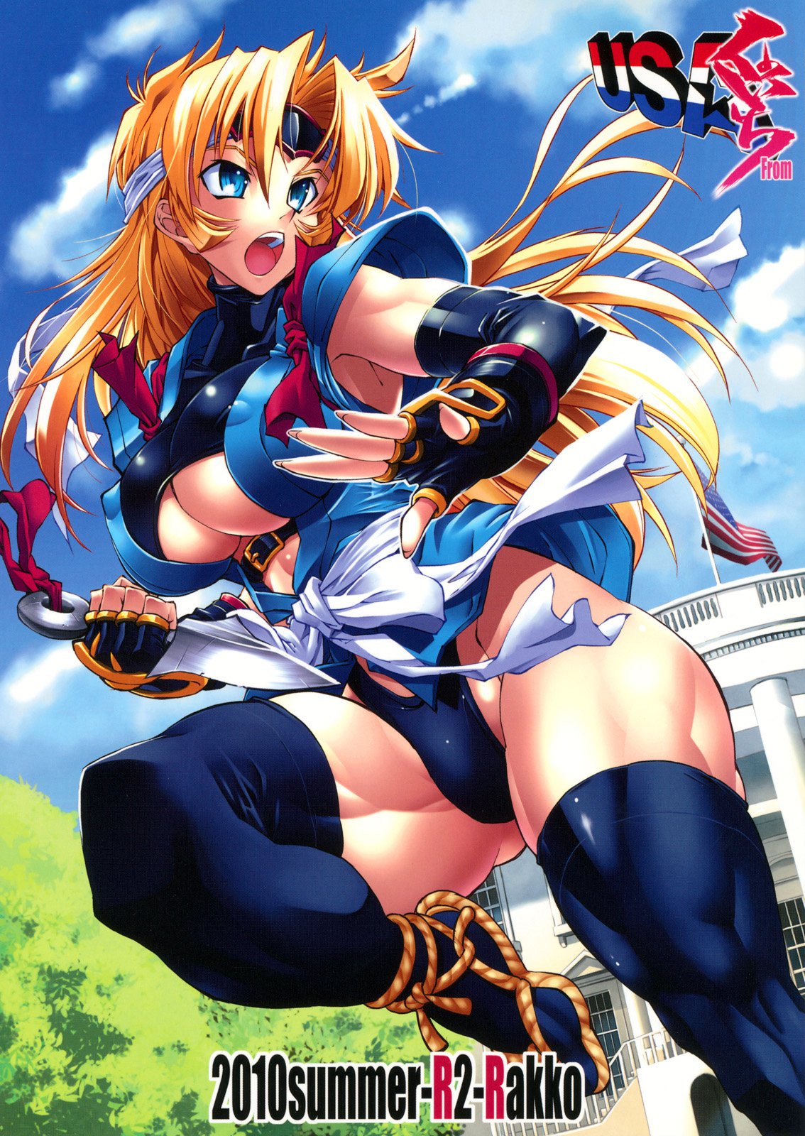 1girl american_flag blonde_hair blue_eyes breasts cleavage clouds cover cover_page detached_sleeves fingerless_gloves gloves headband highres kunai long_hair martial_champion open_mouth outdoors racheal rakko_(r2) sandals shoulder_pads sky solo thick_thighs thighs under_boob weapon white_house