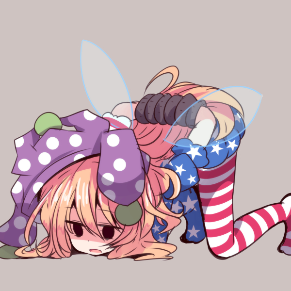 1girl american_flag american_flag_legwear american_flag_shirt arms_behind_back beni_shake blonde_hair bound bound_arms bound_wrists clownpiece collar d: dress fairy fairy_wings frilled_collar frills grey_background hat jester_cap long_hair open_mouth pantyhose polka_dot short_sleeves simple_background solo star striped top-down_bottom-up touhou very_long_hair wings