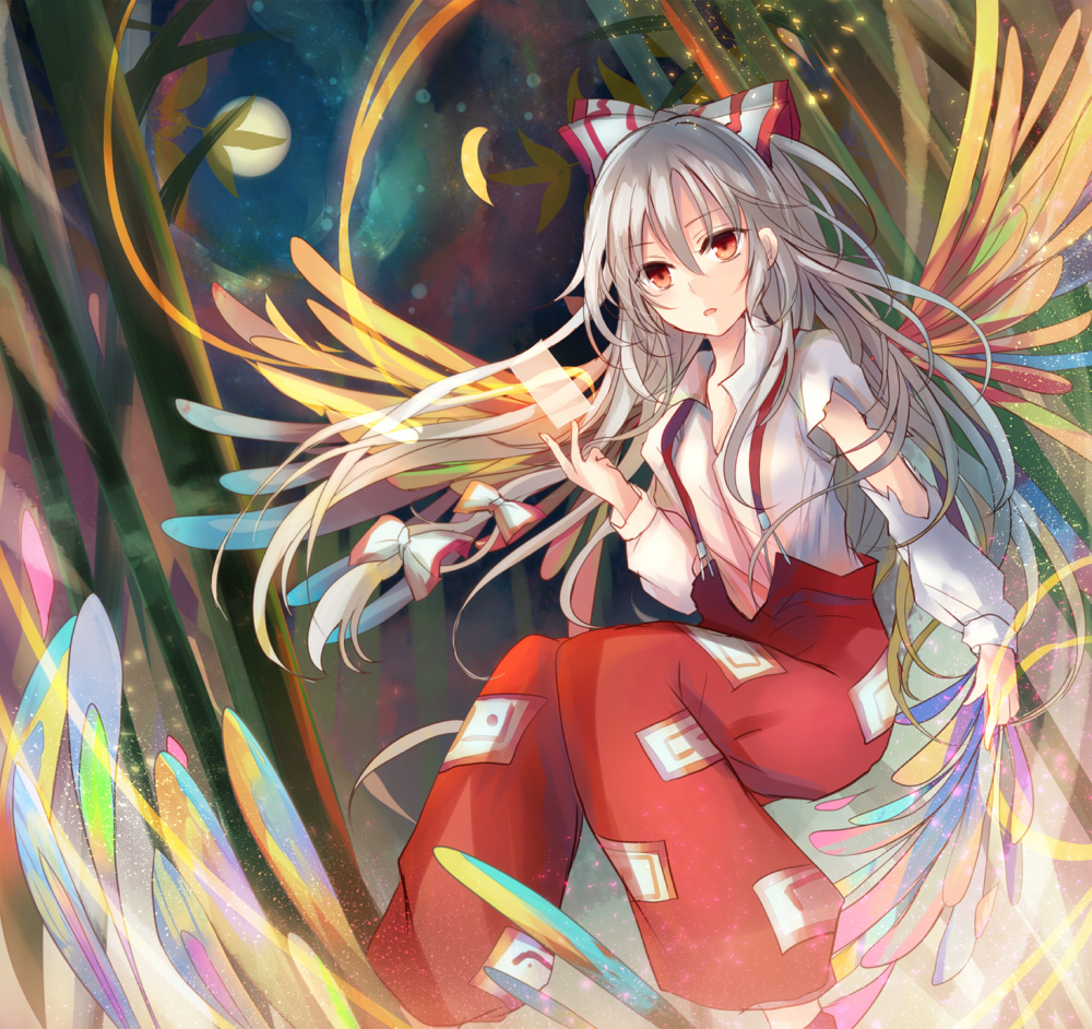 1girl bamboo bamboo_forest bow forest fujiwara_no_mokou full_moon hair_bow kazu_(muchuukai) long_hair long_sleeves moon nature ofuda open_mouth pants phoenix_wings red_eyes shirt silver_hair solo suspenders torn_clothes torn_sleeves touhou very_long_hair wings