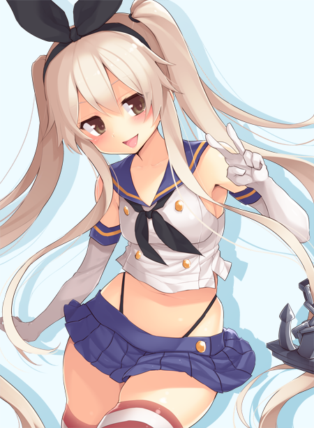 1girl alternate_hairstyle anchor anchor_hair_ornament bare_shoulders black_panties blonde_hair blush buttons crop_top elbow_gloves gloves grey_eyes hair_between_eyes hair_ornament hairband highleg highleg_panties kantai_collection long_hair looking_at_viewer microskirt midriff miniskirt open_mouth panties sailor_collar school_uniform serafuku shimakaze_(kantai_collection) skirt smile solo striped striped_legwear thigh-highs twintails twintails_day underwear v white_gloves xayux