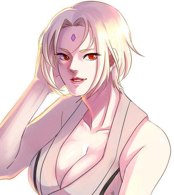 1girl alternate_hairstyle blonde_hair breasts cleavage collarbone hand_in_hair large_breasts lips lipstick looking_at_viewer makeup may_c naruto open_mouth red_eyes short_hair simple_background smile solo tsunade white_background