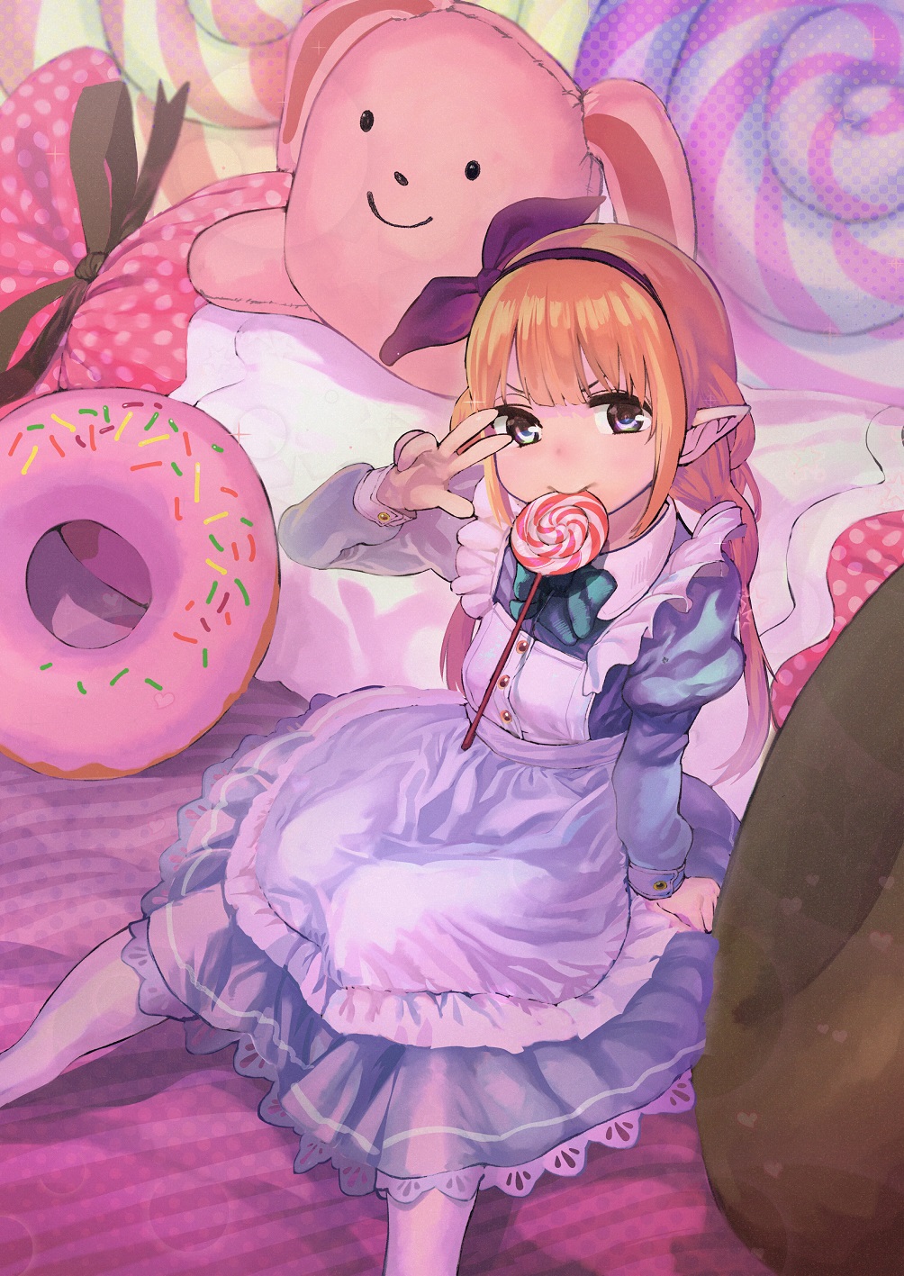 &gt;:) 1girl arm_support bangs blonde_hair blunt_bangs bow brown_eyes candy commentary_request doughnut dress dutch_angle food futaba_anzu hair_bow hairband highres idolmaster idolmaster_cinderella_girls juliet_sleeves knees_together_feet_apart lollipop long_sleeves looking_at_viewer mouth_hold muted_color niwakaike oversized_object pointy_ears polka_dot puffy_sleeves sidelocks sitting stuffed_animal stuffed_bunny stuffed_toy swirl_lollipop twintails v_over_eye white_legwear