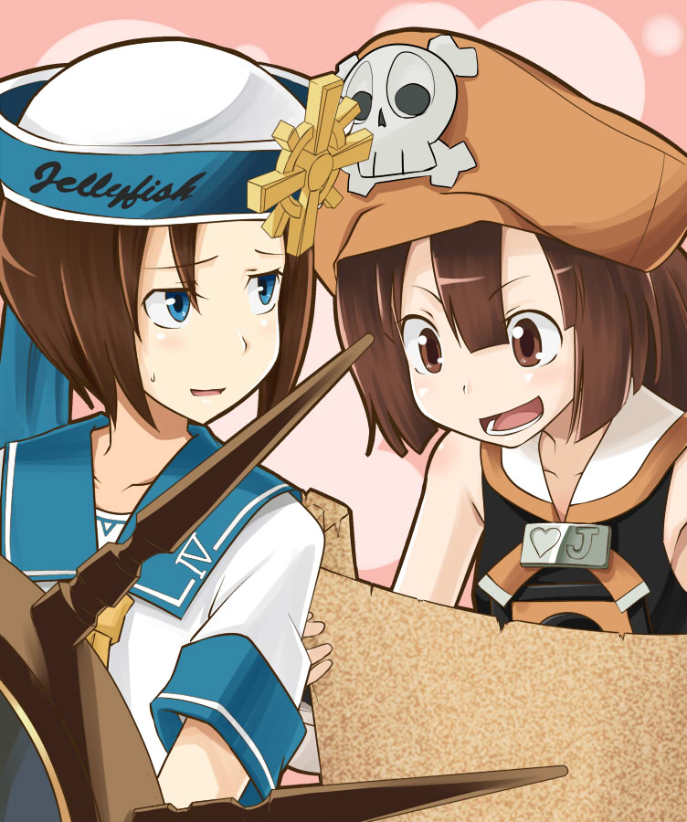 2girls april_(guilty_gear) blue_eyes brown_eyes brown_hair guilty_gear guilty_gear_xrd hat hatsuka long_hair map_(object) may_(guilty_gear) multiple_girls pirate_hat sailor_collar sailor_hat skull_and_crossbones