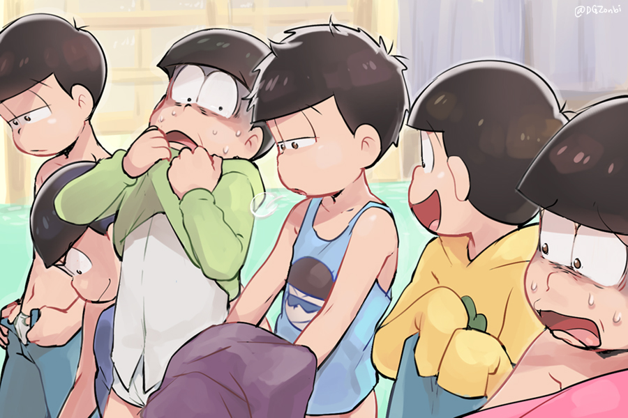 6+boys :d black_eyes black_hair blue_pants bottomless bowing briefs brothers brown_eyes closed_mouth commentary_request d: dressing frown hood hood_down hoodie indoors kl lineup looking_to_the_side male_focus matsuno_choromatsu matsuno_ichimatsu matsuno_juushimatsu matsuno_karamatsu matsuno_osomatsu matsuno_todomatsu messy_hair multiple_boys navel no_pants open_mouth open_pants osomatsu-kun osomatsu-san pants print_shirt scared sextuplets shaded_face shirt shirtless siblings sigh sleeves_past_wrists smile standing sweat tank_top twitter_username undershirt underwear wavy_mouth white_shirt