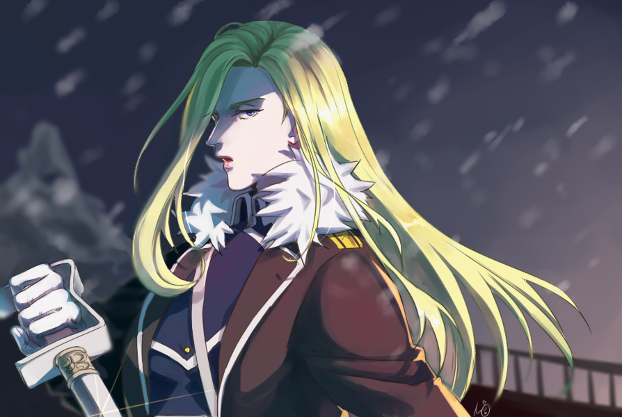 1girl blonde_hair blue_eyes coat fullmetal_alchemist gloves lips long_hair looking_at_viewer may_c military military_uniform olivier_mira_armstrong parted_lips snow solo sword uniform weapon