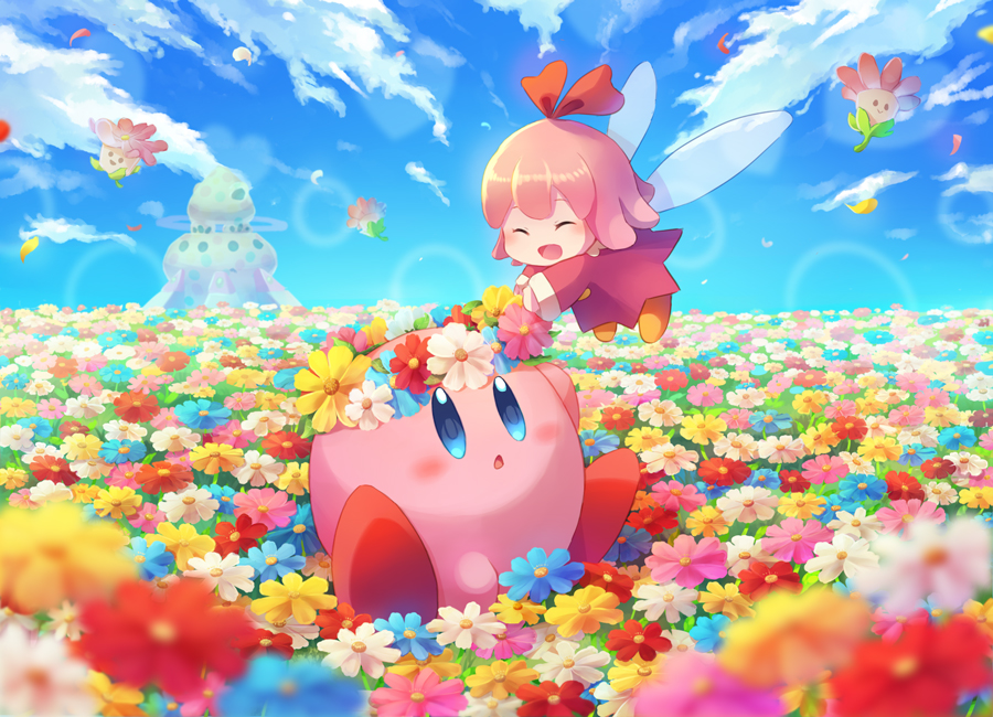 1girl 1other :d ^_^ afloat blue_eyes blue_sky blush closed_eyes clouds cloudy_sky commentary_request dress fairy fairy_wings field flower flower_field hair_ornament hal_laboratory_inc. head_wreath hitotubosi hoshi_no_kirby hoshi_no_kirby_64 kirby kirby_(series) kirby_64 long_sleeves nature nintendo open_mouth petals pink_hair pink_puff_ball red_ribbon ribbon ribbon_(kirby) short_hair sitting sky smile wings