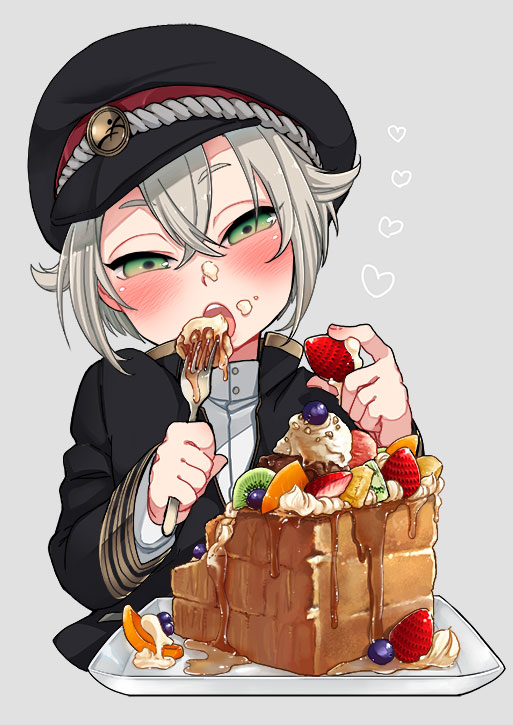 019 1boy blueberry food food_on_face fork fruit green_eyes hat heart hotarumaru kiwifruit male_focus open_mouth orange orange_slice silver_hair strawberry syrup touken_ranbu upper_body waffle whipped_cream