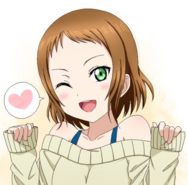 1girl a-rise bangs blush brown_hair collarbone green_eyes heart kazuma_(theworld000021) kira_tsubasa looking_at_viewer love_live!_school_idol_project off-shoulder_shirt off_shoulder official_style one_eye_closed open_mouth shirt short_hair smile solo