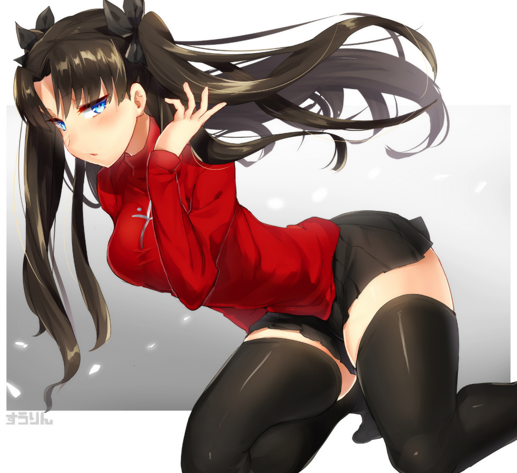 1girl black_legwear blue_eyes blush breasts brown_hair fate/stay_night fate_(series) hair_ribbon hair_tucking long_hair long_sleeves looking_at_viewer one_knee ribbon shiny shiny_clothes shiny_hair skirt solo squatting suurin_(ksyaro) thigh-highs thighs toosaka_rin twintails two_side_up zettai_ryouiki