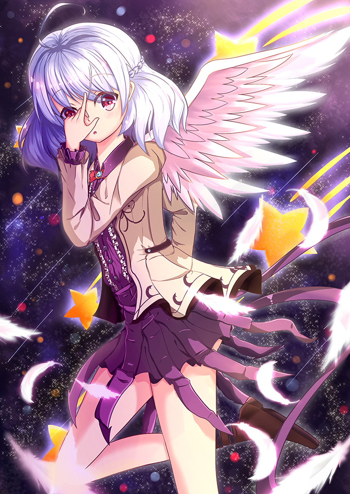 1girl ahoge angel_wings ass aura backlighting boots bow braid brown_boots brown_jacket dress feathers french_braid hand_over_eye hand_over_face kai_(lolicc) kishin_sagume leg_up legs light_particles long_sleeves looking_at_viewer looking_to_the_side motion_lines pink_eyes purple_dress shiny shiny_hair shooting_star short_dress short_hair silver_hair single_wing solo space star thighs touhou wings