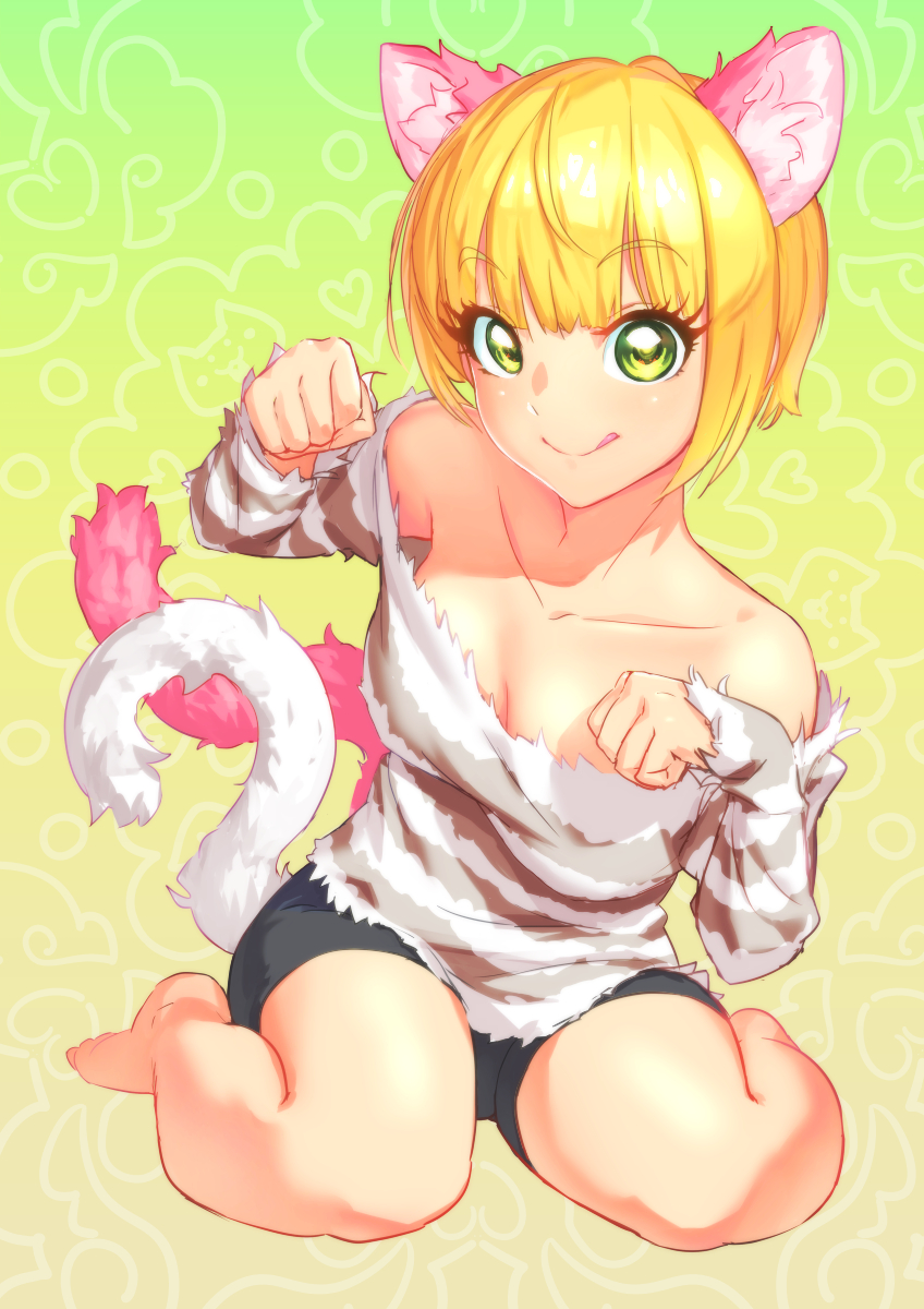 1girl :q animal_ears bangs bare_shoulders barefoot bike_shorts black_shorts blonde_hair blunt_bangs blush bob_cut breasts cat_ears cat_tail cleavage clenched_hands collarbone downblouse eyebrows eyebrows_visible_through_hair eyelashes gradient gradient_background green_eyes highres idolmaster idolmaster_cinderella_girls kemonomimi_mode long_sleeves miyamoto_frederica multiple_tails noname_(metaldragonfly) off_shoulder paw_pose shirt short_hair shorts sitting solo striped striped_shirt tail tongue tongue_out
