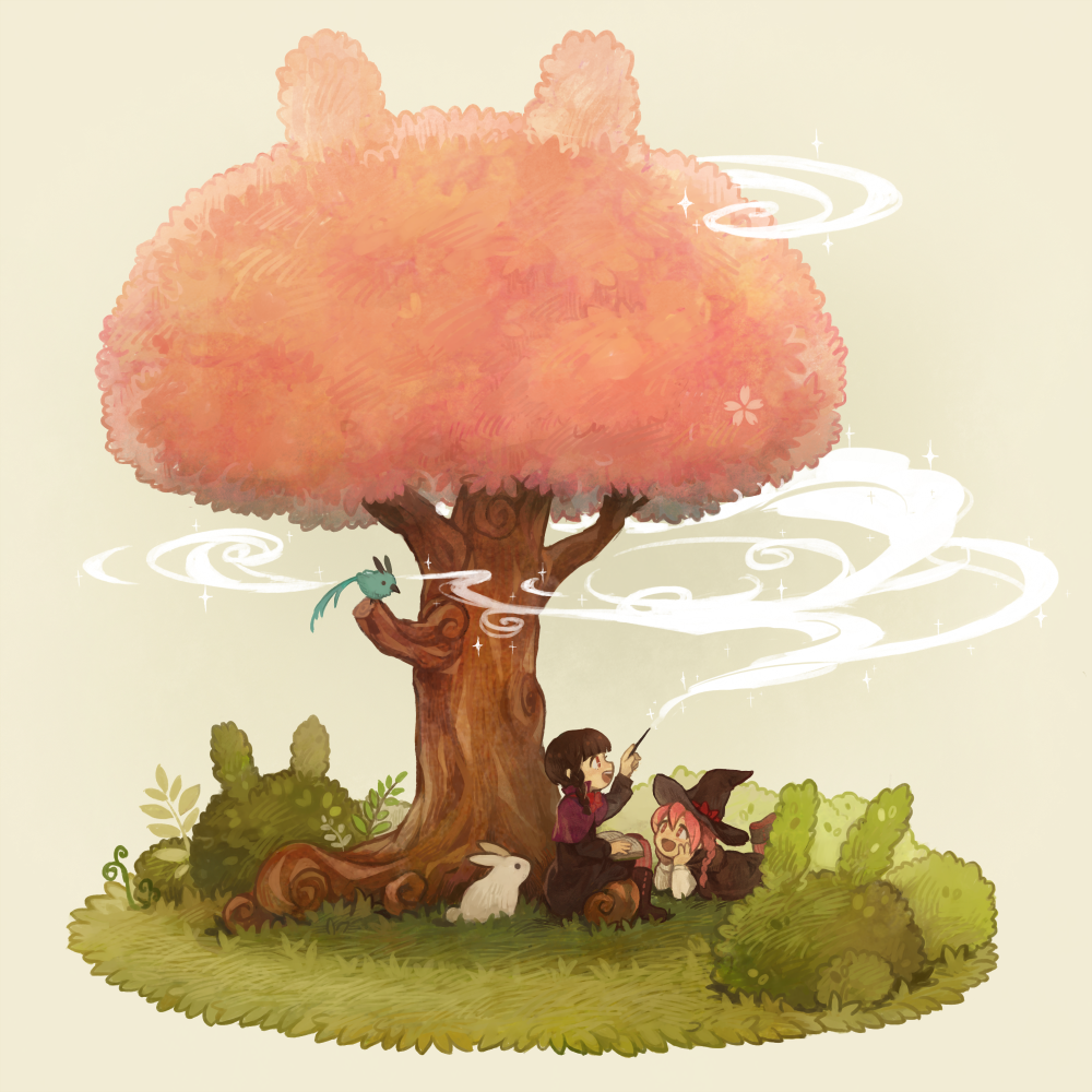 2girls :d bangs bird blunt_bangs braid casting_spell grass hat lying magic multiple_girls muted_color on_stomach open_mouth original rabbit sitting smile swrb0505 tree under_tree wand witch_hat