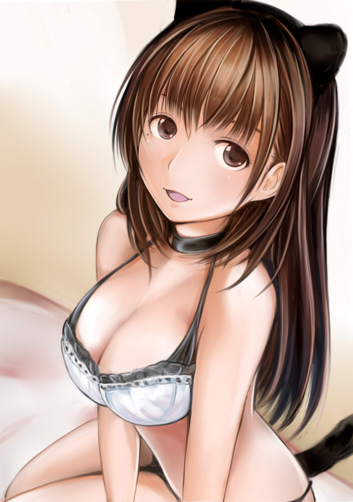 1girl :d anegasaki_nene animal_ears bangs black_panties blush bra breasts brown_eyes brown_hair choker cleavage fake_animal_ears frills from_above halterneck long_hair looking_at_viewer love_plus mole mole_under_eye nannacy7 open_mouth panties sitting smile solo string_panties tail underwear white_bra