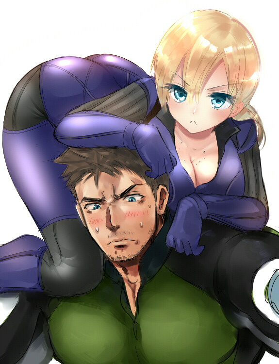 1boy 1girl :c aqua_eyes ass black_hair blonde_hair blush bodysuit breasts carrying chris_redfield cleavage_cutout jill_valentine large_breasts looking_at_viewer nagare resident_evil resident_evil_5 shoulder_carry