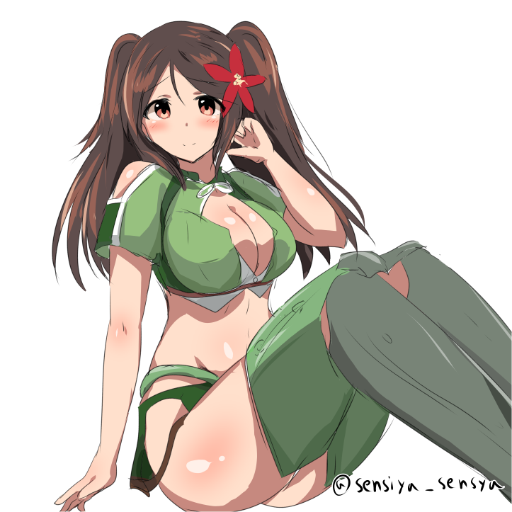 1girl alternate_hairstyle amagi_(kantai_collection) bare_shoulders breasts brown_eyes brown_hair cleavage_cutout from_side green_legwear hair_between_eyes hair_ornament kantai_collection large_breasts leaf_hair_ornament looking_at_viewer midriff miniskirt remodel_(kantai_collection) senshiya sitting sketch skirt smile thigh-highs twintails zettai_ryouiki
