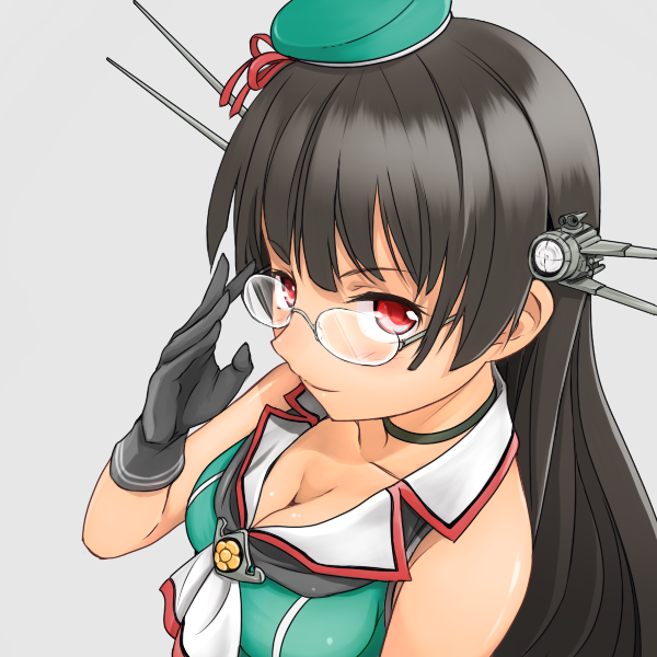 1girl adjusting_glasses bare_shoulders black_gloves black_hair breasts choukai_(kantai_collection) cleavage collarbone glasses gloves hair_ornament kantai_collection long_hair looking_at_viewer red_eyes remodel_(kantai_collection) rimless_glasses school_uniform shirt simple_background sleeveless sleeveless_shirt smile tr-6 upper_body