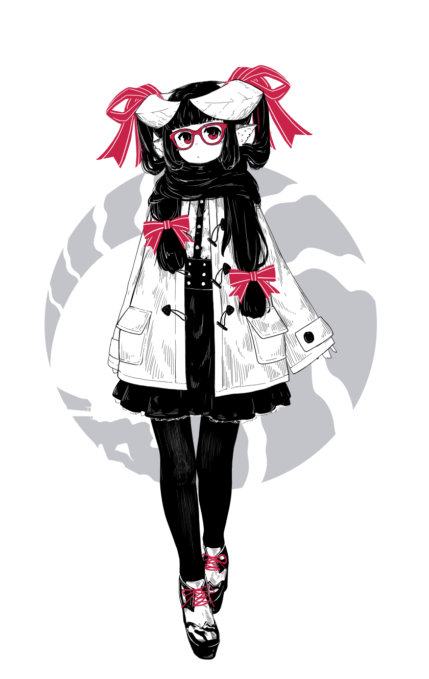 1girl animal_ears bangs blunt_bangs bow coat glasses hair_bow hair_scarf high-waist_skirt highres horn_ribbon horns jaco long_hair monochrome original pantyhose red-framed_glasses red_eyes ribbon shoes sidelocks sleeves_past_wrists solo spot_color twintails