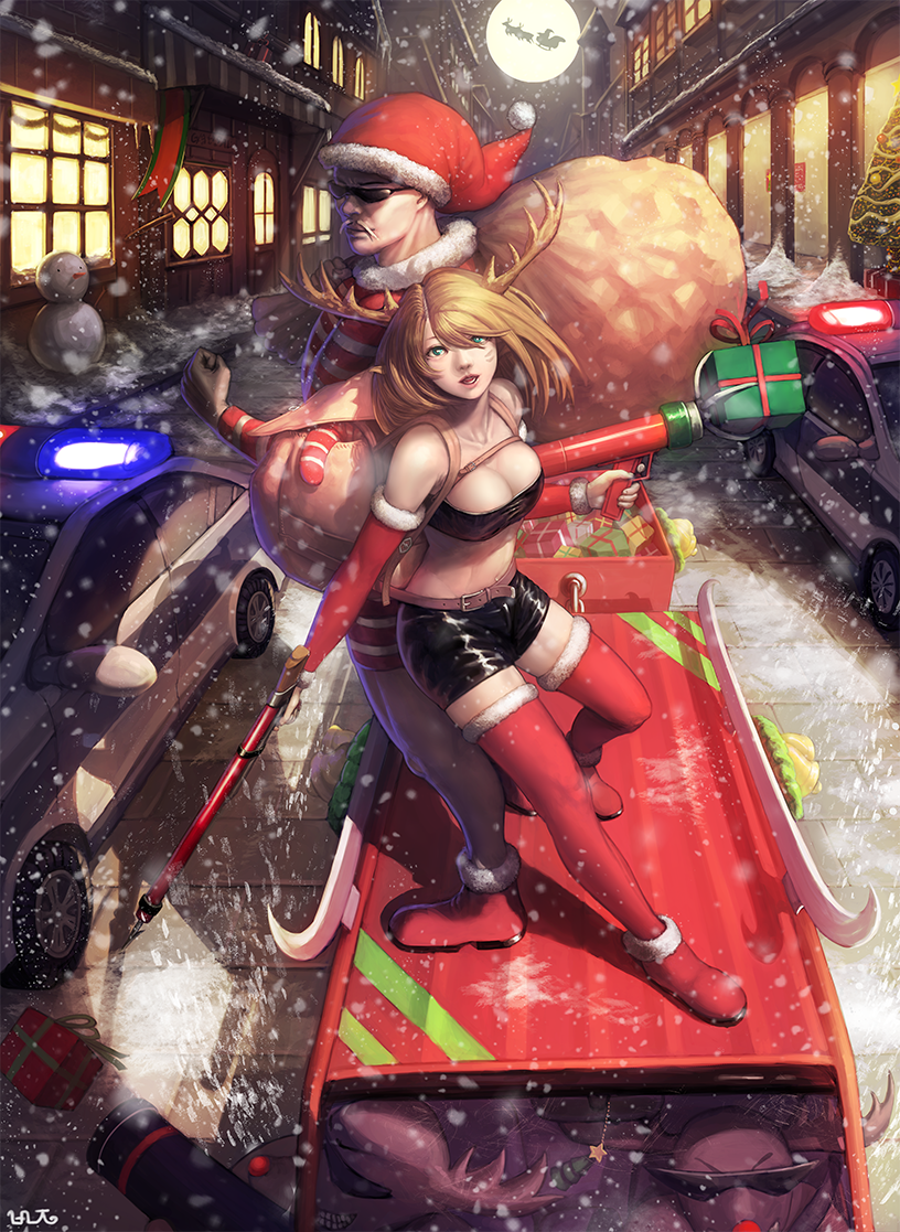 1boy 1girl antlers back-to-back backpack bag banajune bandeau bangs bell belt black_shorts blonde_hair blue_eyes bodysuit boots box breasts building car carrying_over_shoulder chain christmas christmas_tree cleavage clenched_hand closed_mouth detached_sleeves dual_wielding facial_hair facial_mark flag flying gift gift_box grin gun hair_between_eyes hat ice leaning_on_person legs_apart long_sleeves looking_at_viewer midriff moon motor_vehicle mustache navel night night_sky on_car original outdoors parted_lips pavement police_car red_boots red_hat red_nose red_shoes reindeer reindeer_antlers revision sack santa_claus santa_costume santa_hat shade shadow shoes short_shorts shorts sky sled smile snow snowing snowman socks spear_gun standing star storefront strapless striped sunglasses swept_bangs thigh-highs thigh_boots tubetop vehicle weapon