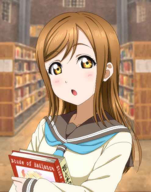 1girl :o bangs blush book brown_eyes brown_hair holding holding_book kazuma_(theworld000021) kunikida_hanamaru library looking_at_viewer love_live!_school_idol_project love_live!_sunshine!! official_style open_mouth parted_bangs school_uniform serafuku solo