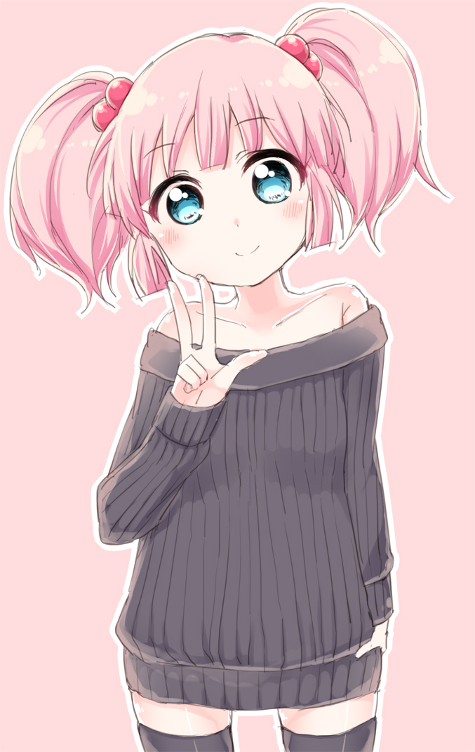 1girl arm_at_side arm_up bangs bare_shoulders black_shirt blue_eyes blush casual collarbone cowboy_shot hair_bobbles hair_ornament head_tilt long_sleeves looking_at_viewer off-shoulder_sweater off_shoulder pink pink_background pink_hair ribbed_sweater shiny shiny_hair shirt short_twintails simple_background smile solo standing sweater thigh-highs twintails twintails_day upper_body v yoshikawa_chinatsu yukari_yukke yuru_yuri zettai_ryouiki