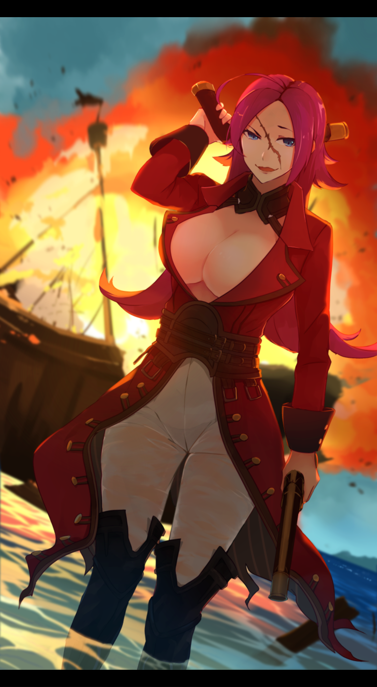 1girl ahoge blue_eyes boots breasts cleavage dual_wielding explosion fate/extra fate/grand_order fate_(series) highres hsin huge_ahoge huge_breasts long_hair looking_at_viewer pants pink_hair rider_(fate/extra) scarf smile solo thighs tight tight_pants