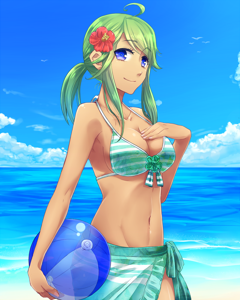 1girl ahoge ball beachball bird blue_eyes blue_sky breasts clouds cowboy_shot flower front-tie_bikini front-tie_top green_hair groin hair_flower hair_ornament holding_ball navel ocean original ponytail seagull side-tie_skirt sidelocks skirt sky smile solo sumimoto_ryuu