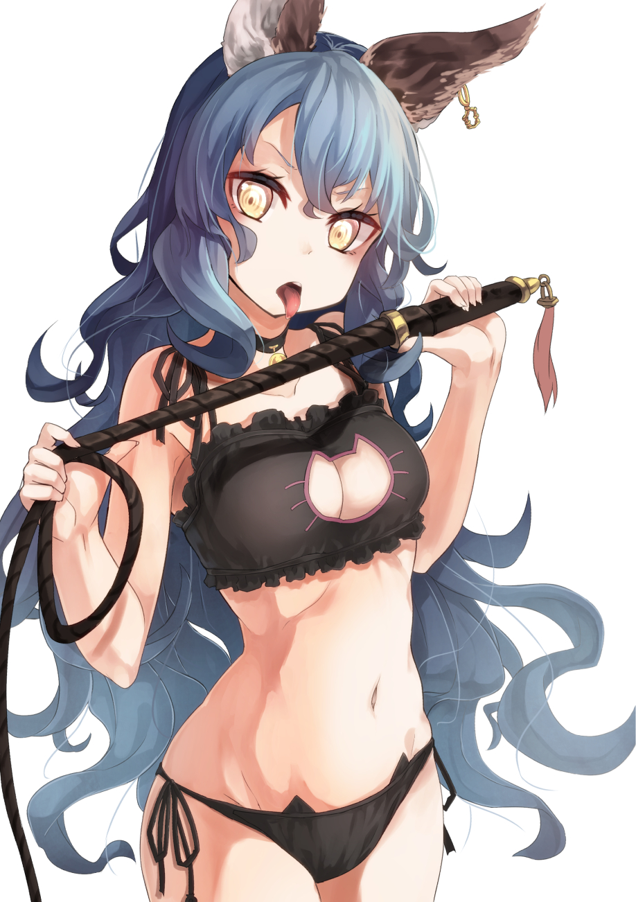 1girl animal_ears bell bell_choker black_bra black_panties blue_hair blush bra breasts cat_cutout cat_ear_panties cat_lingerie choker cleavage cleavage_cutout earrings ferry_(granblue_fantasy) granblue_fantasy highres hoop_earrings jewelry jingle_bell large_breasts long_hair looking_at_viewer navel open_mouth panties rabbit_ears saraki side-tie_panties simple_background single_earring solo tongue tongue_out underwear underwear_only whip yellow_eyes