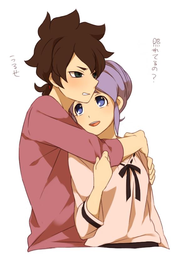 1boy 1girl clenched_teeth fudou_akio height_difference hetero hug hug_from_behind inazuma_eleven_(series) inazuma_eleven_go kudou_fuyuka open_mouth purple_hair sekina simple_background teeth translated white_background