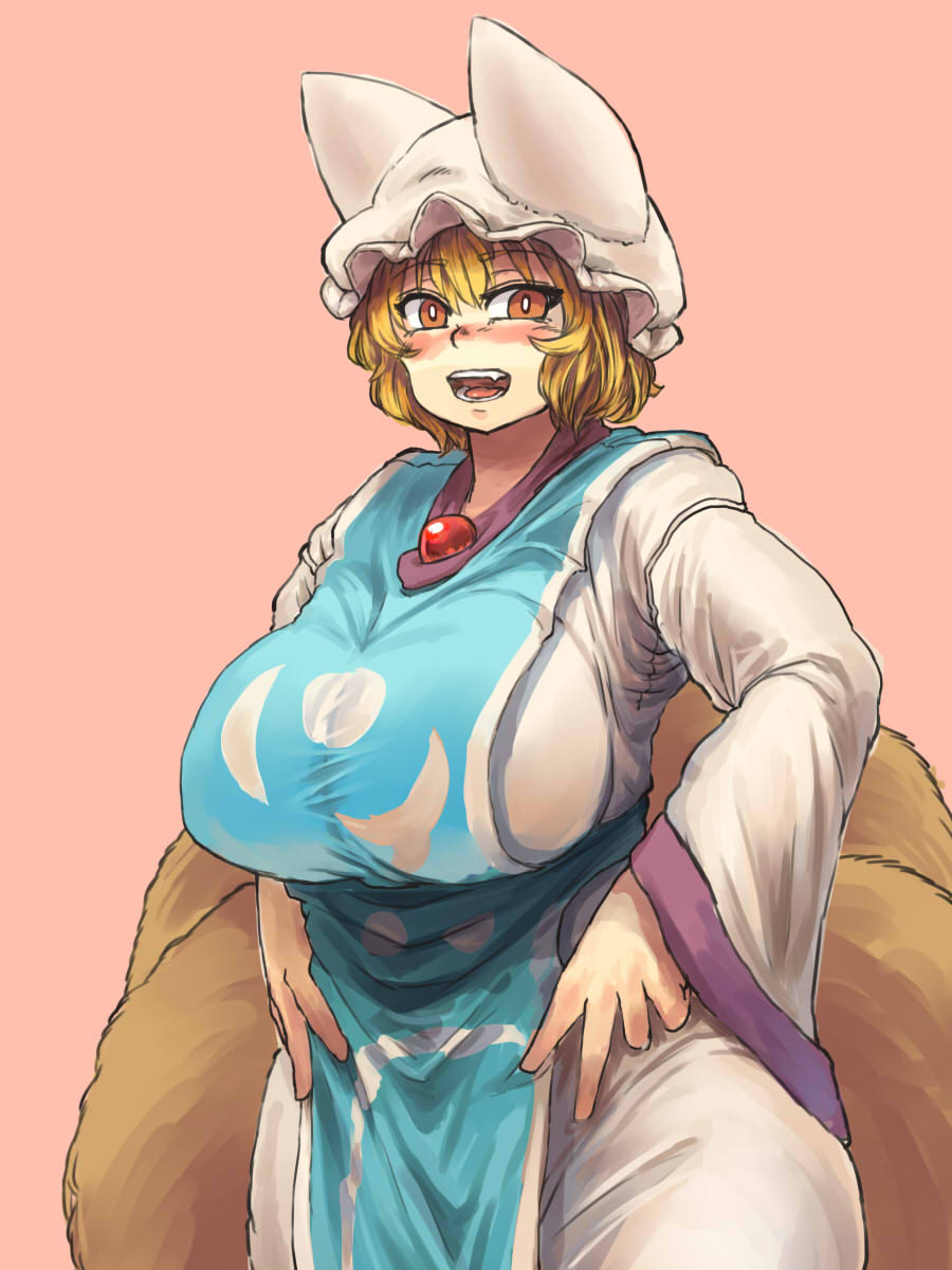 1girl alternate_eye_color blonde_hair blush breasts brown_eyes chanta_(ayatakaoisii) curvy dress eyebrows eyebrows_visible_through_hair fluffy fox_tail hands_on_hips hat highres huge_breasts long_sleeves looking_at_viewer multiple_tails open_mouth pillow_hat plump short_hair simple_background solo tabard tail taut_clothes teeth thick_thighs thighs tongue touhou white_dress wide_hips yakumo_ran