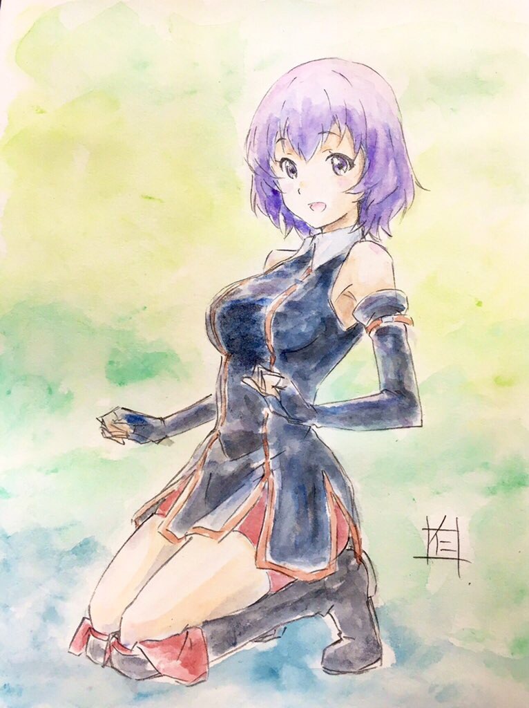 1girl :d artist_request black_gloves black_legwear blush boots breasts collar dress elbow_gloves gloves hai_to_gensou_no_grimgar looking_at_viewer multicolored_background open_mouth purple_hair seiza shihoru_(grimgar) short_hair signature sitting smile solo thighs violet_eyes watercolor_pencil_(medium)