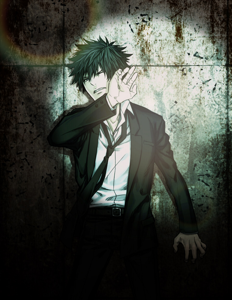 1boy black_hair clenched_teeth formal hand_in_front_of_face highres kanimaru kougami_shin'ya male_focus necktie one_eye_closed psycho-pass solo spotlight suit teeth wall