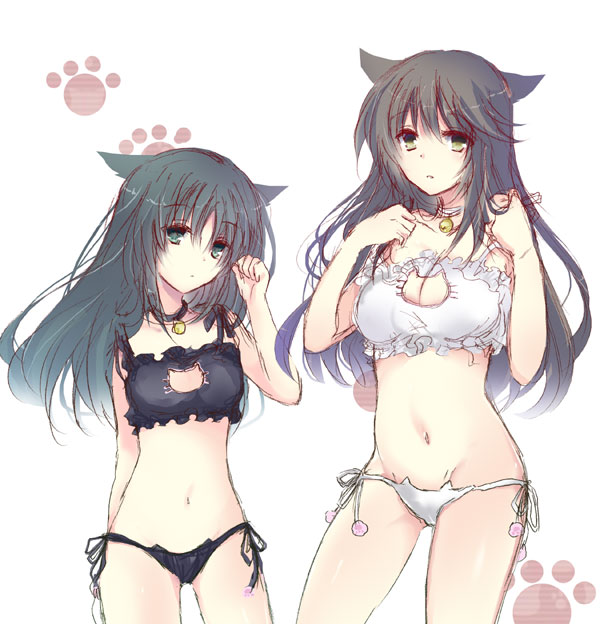 2girls animal_ears bell bell_choker black_bra black_hair black_panties bra breasts brown_eyes cat_cutout cat_ear_panties cat_ears cat_lingerie choker cleavage cleavage_cutout flat_chest grey_eyes groin houkiri_nemu kemonomimi_mode long_hair minashiro_orihime multiple_girls navel panties paw_print shiny shiny_hair side-tie_panties soukyuu_no_fafner tatekami_seri underwear underwear_only white_bra white_panties