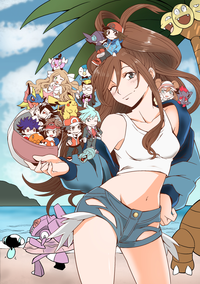 baseball_cap blue_eyes breasts brown_hair character_request closed_mouth denim denim_shorts hat highres hilbert_(pokemon) hilda_(pokemon) innertube long_hair looking_at_viewer multiple_boys multiple_girls nate_(pokemon) navel one_eye_closed open_mouth pikachu pokemon pokemon_(creature) pokemon_(game) pokemon_bw2 ponytail rosa_(pokemon) ryuusei_(trickster) short_shorts shorts smile