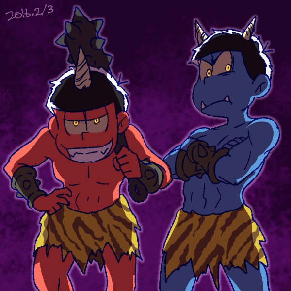 2boys armlet backlighting bent_over black_hair blue_oni brothers club crossed_arms dated grin horns loincloth male_focus matsuno_karamatsu matsuno_osomatsu messy_hair multiple_boys muscle null2deoru oni osomatsu-kun osomatsu-san over_shoulder purple_background red_oni setsubun siblings simple_background single_horn smile spiked_club weapon weapon_over_shoulder yellow_eyes