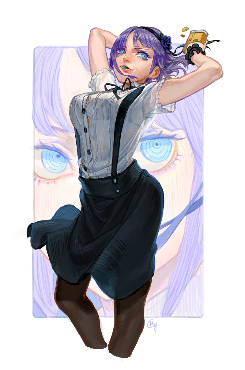 1girl b.c.n.y. black_legwear black_rose blue_eyes dagashi_kashi flower hairband highres purple_hair ringed_eyes rose shidare_hotaru short_hair skirt solo suspender_skirt suspenders sweets