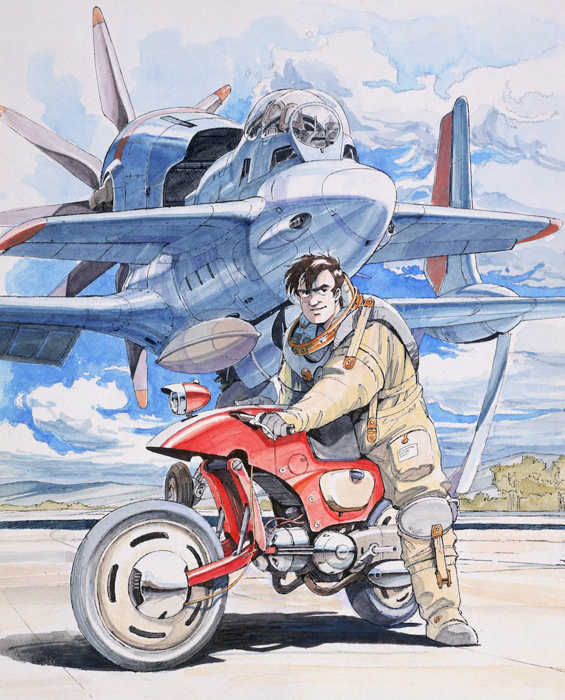 1boy 80s aircraft astronaut black_eyes boots brown_hair cable canards canopy clouds cockpit engine epic gainax gainaxtop gloves gun honneamise_no_tsubasa hose looking_at_viewer machine_gun machinery marker_(medium) motor_vehicle motorcycle mountain official_art oldschool production_art propeller realistic sadamoto_yoshiyuki science_fiction shadow shirotsugh_lhadatt spacesuit tire traditional_media tree tube vehicle weapon
