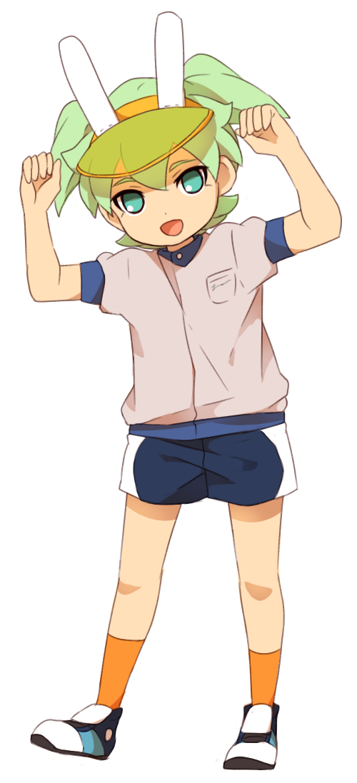 1boy animal_ears fei_rune full_body green_eyes green_hair head_tilt inazuma_eleven_(series) inazuma_eleven_go inazuma_eleven_go_chrono_stone looking_at_viewer male_focus no_pupils open_mouth rabbit_ears sekina simple_background solo visor_cap white_background younger