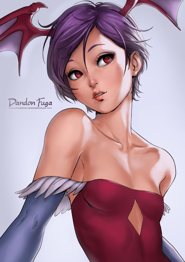 1girl artist_name bare_shoulders bat_wings blue_gloves collarbone dandon_fuga elbow_gloves feather_trim feathers gloves grey_background hair_between_eyes head_wings leotard lilith_aensland lips looking_up parted_lips purple_hair red_eyes short_hair simple_background skin_tight smile solo vampire_(game) watermark web_address wings