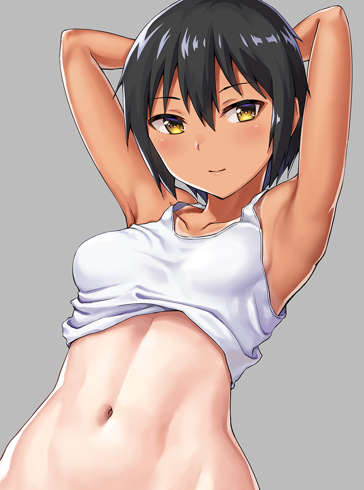 1girl armpits arms_behind_head arms_up bangs bare_arms bare_shoulders black_hair blush breasts closed_mouth collarbone commentary_request from_below grey_background hashi looking_at_viewer looking_down navel one-piece_tan original short_hair simple_background sleeveless small_breasts smile solo stomach tan tank_top tanline tomboy toned upper_body yellow_eyes